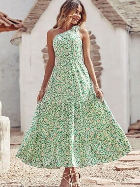 Green Floral One-Shoulder Maxi Dress — Elegant Summer Style